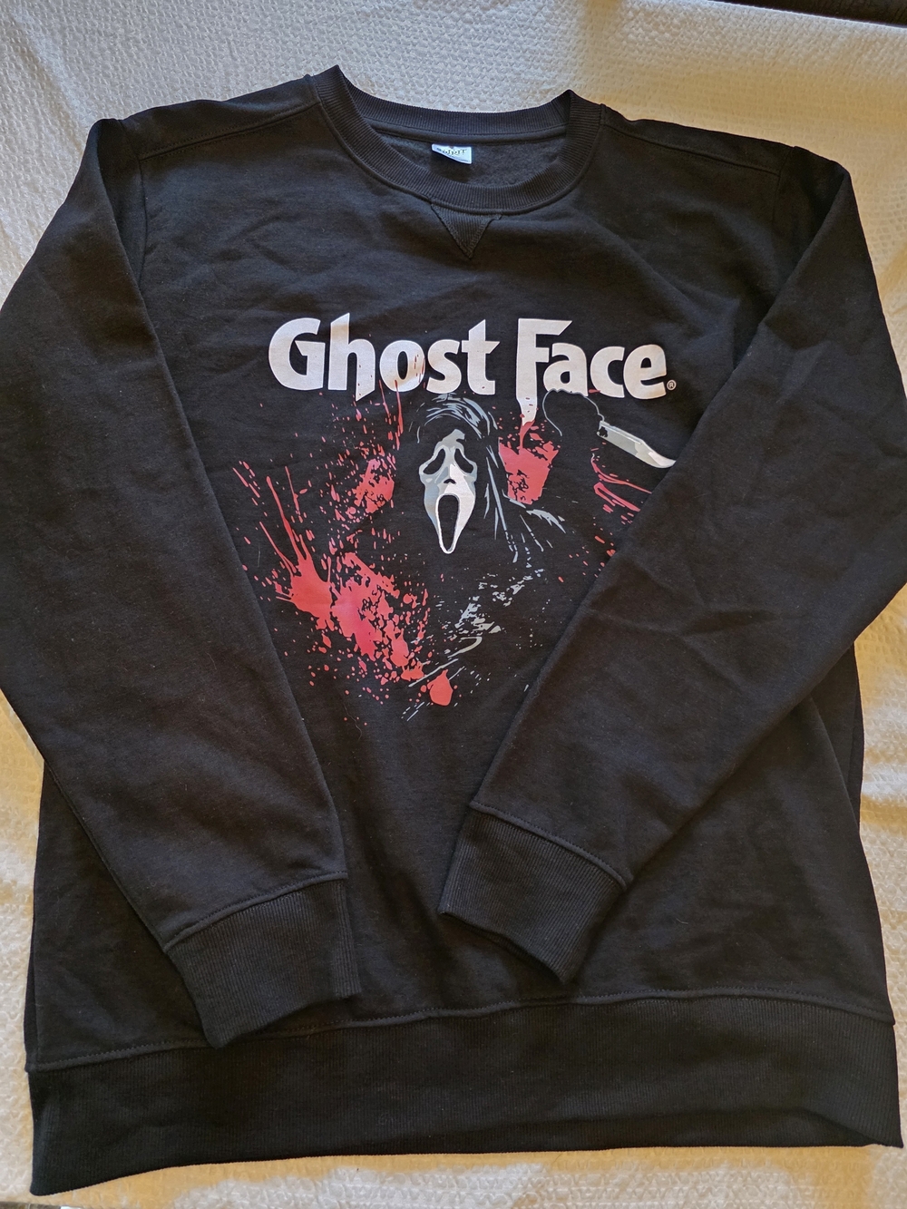 Spirit Black Ghost Face Graphic Crewneck Sweater with Red Accent